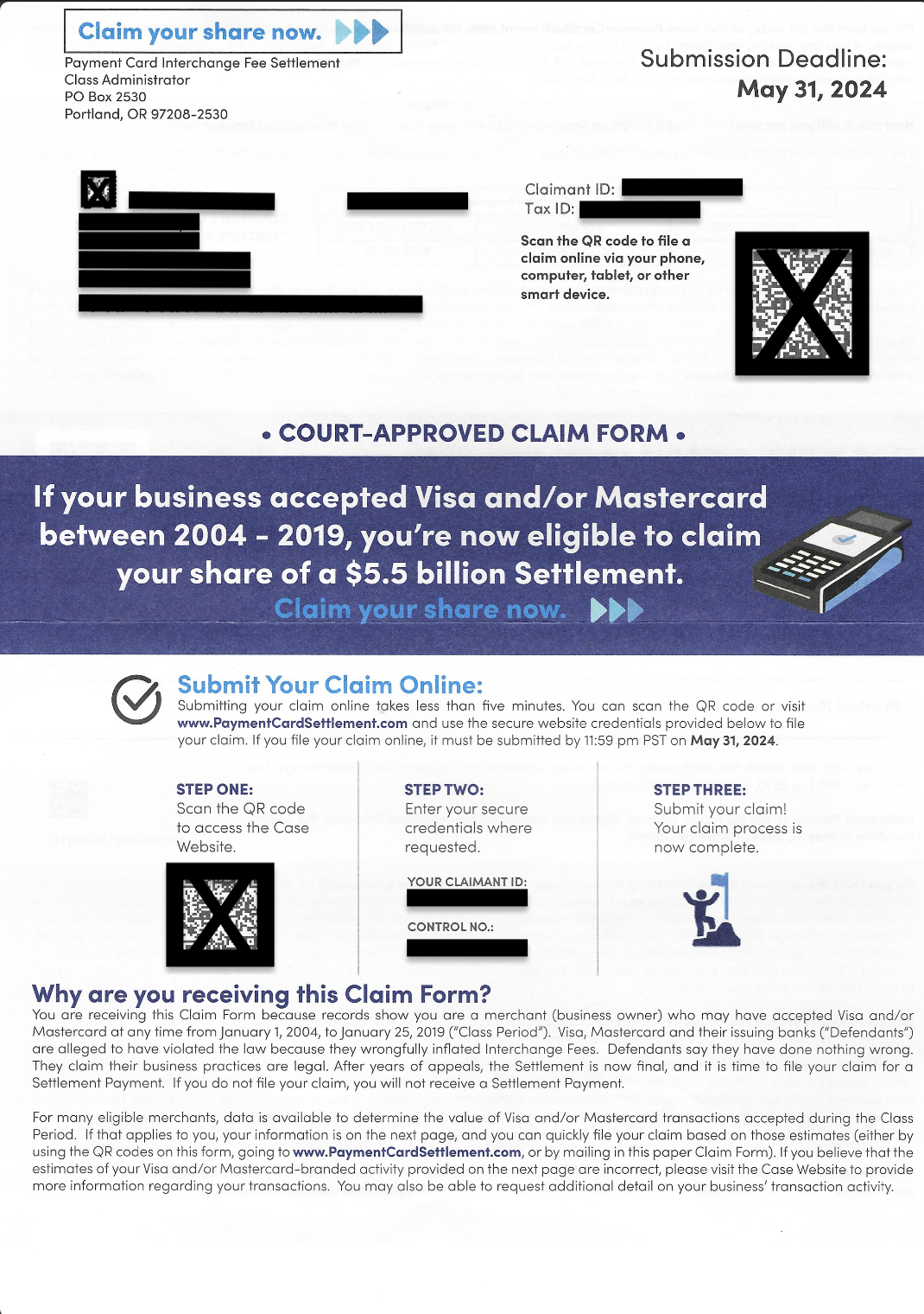 If you received this claim form and are eligible, you can claim your portion of the $5.5 billion payment card settlement.