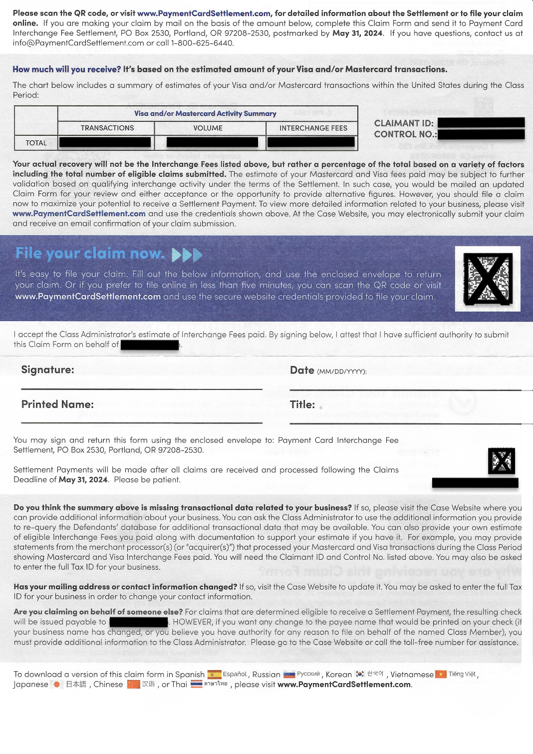 If you received this claim form and are eligible, you can claim your portion of the $5.5 billion payment card settlement.