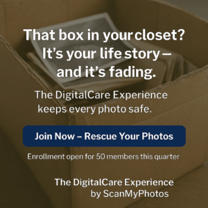 Box of old photos fading with time, promoting The DigitalCare Experience by ScanMyPhotos.com to keep memories safe.