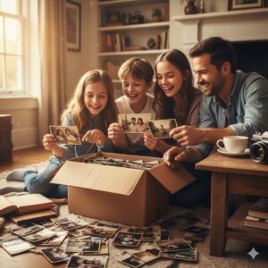 A family opening a box of old printed photos, warm light shining through the window, smiles of recognition on their faces.