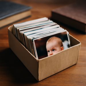 A box of printed photos, once tucked away and easy to forget, holding decades of family moments that exist in only one fragile form.