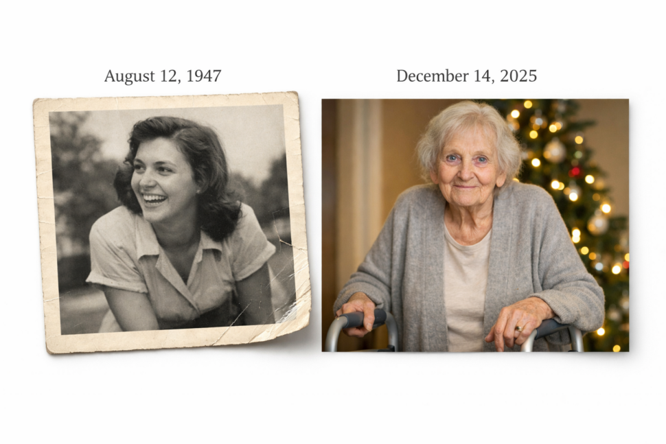 Side-by-side photos show the same woman at eleven in 1947 and at 89 by a Christmas tree with walker smiling.