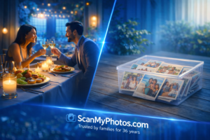 Family rediscovering old photo memories during the photo scanning experience