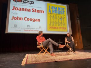 Joanna Stern and John Coogan speaking at a Live Talks Los Angeles event about artificial intelligence, technology, privacy, and Joanna Stern’s book I Am Not a Robot.