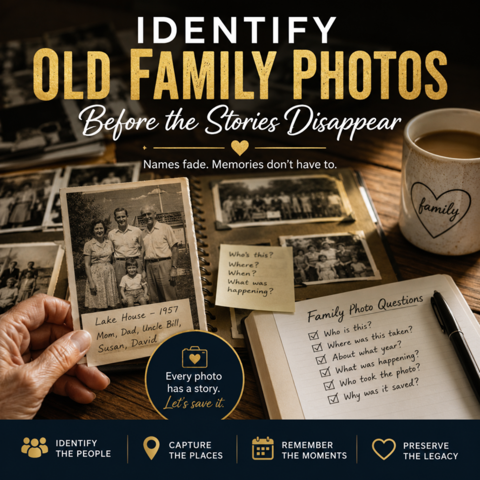 Vintage family photos with handwritten labels to identify old family photos before stories disappear Vintage family photos with handwritten labels to identify old family photos before stories disappear