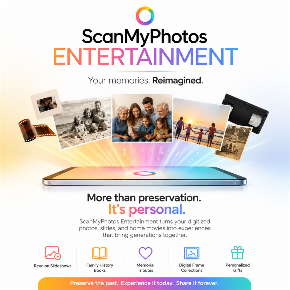ScanMyPhotos Entertainment hero image illustrating family photo storytelling by turning digitized memories into shared family experiences. ScanMyPhotos Entertainment hero image illustrating family photo storytelling by turning digitized memories into shared family experiences.