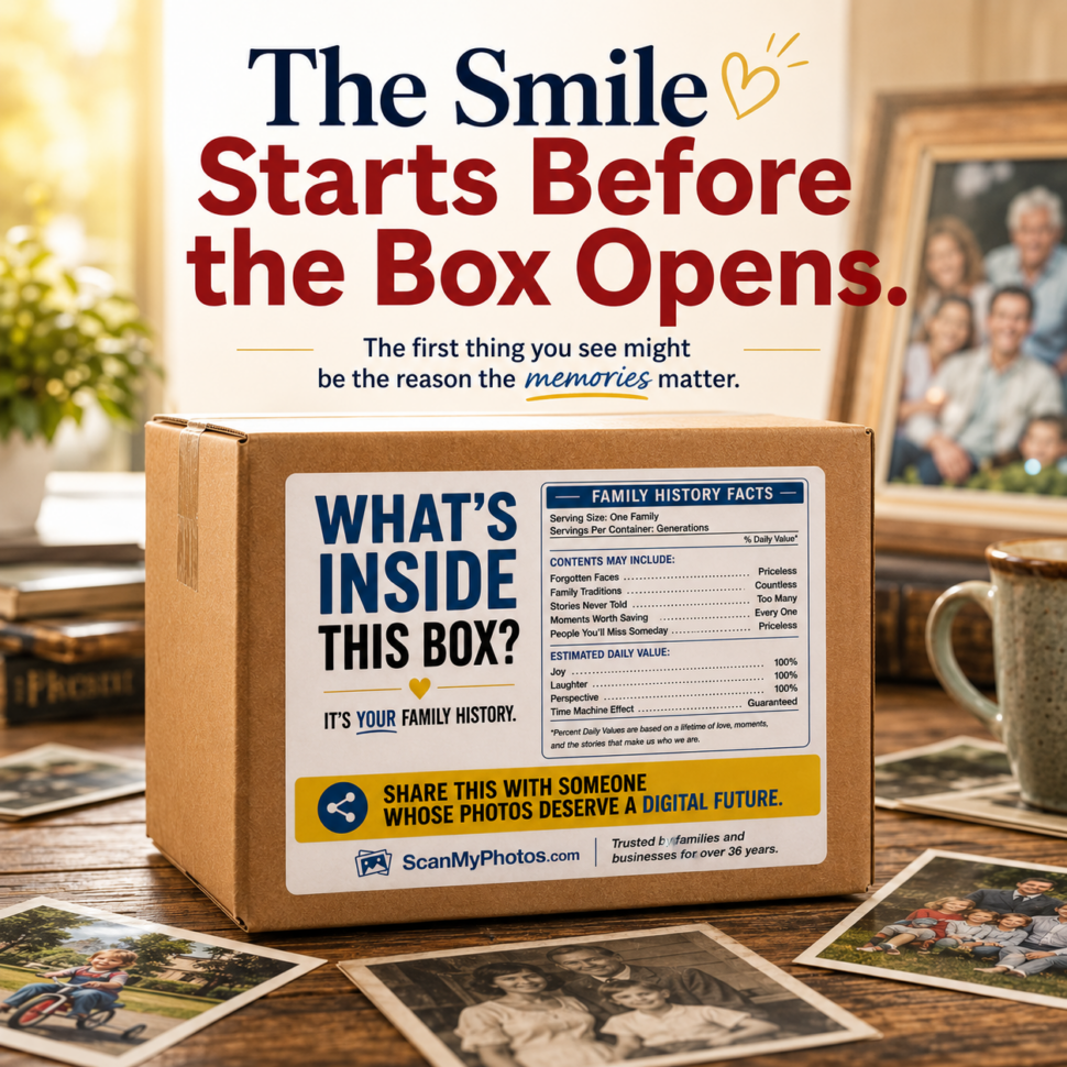 Family photo preservation box featuring the Family History Facts label that celebrates old family memories before the package is opened. Family photo preservation box featuring the Family History Facts label that celebrates old family memories before the package is opened.