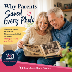 Parents reminiscing over old family photographs in a printed photo album at home. Parents reminiscing over old family photographs in a printed photo album at home.