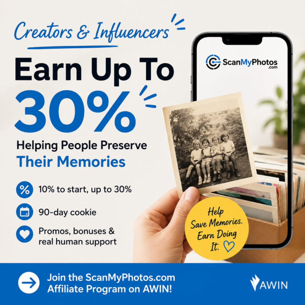 Creators and influencers can earn up to 30% through the ScanMyPhotos.com affiliate program on AWIN.