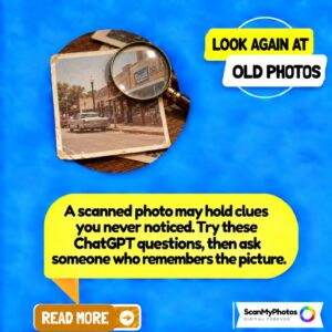Magnifying glass over an old street photo beside a headline about using ChatGPT to find clues. Magnifying glass over an old street photo beside a headline about using ChatGPT to find clues.