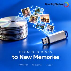 Old photo CDs transforming into digital photos and a USB flash drive with ScanMyPhotos.com.