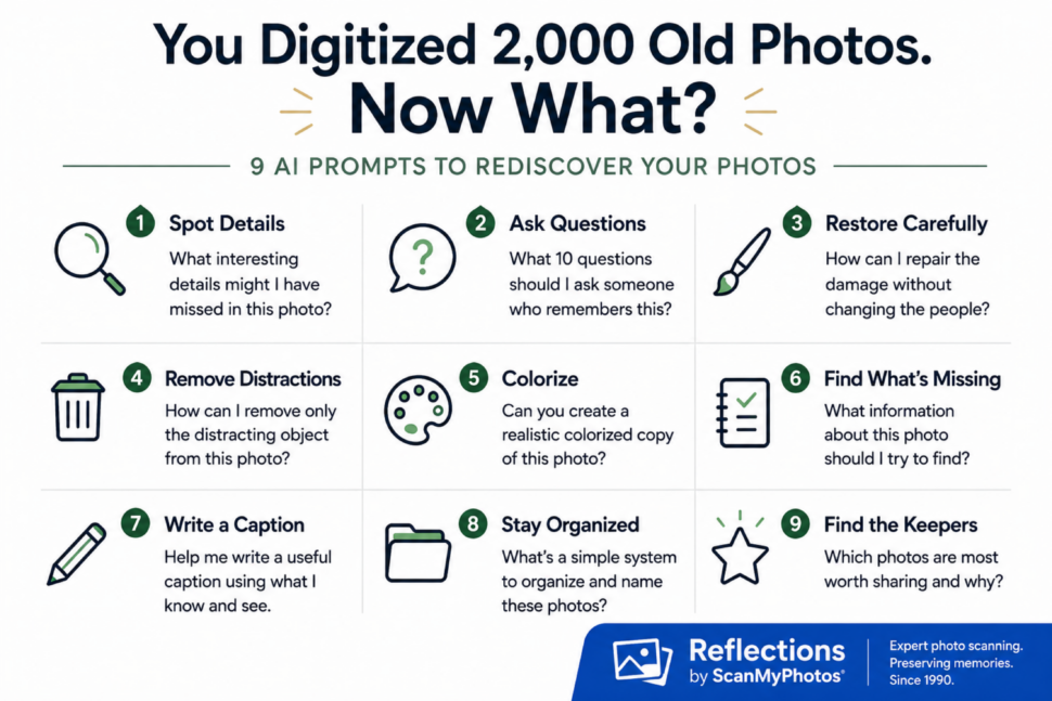 9 AI prompts for old photos to restore, organize, colorize, find details and rediscover photo memories. 9 AI prompts for old photos to restore, organize, colorize, find details and rediscover photo memories.