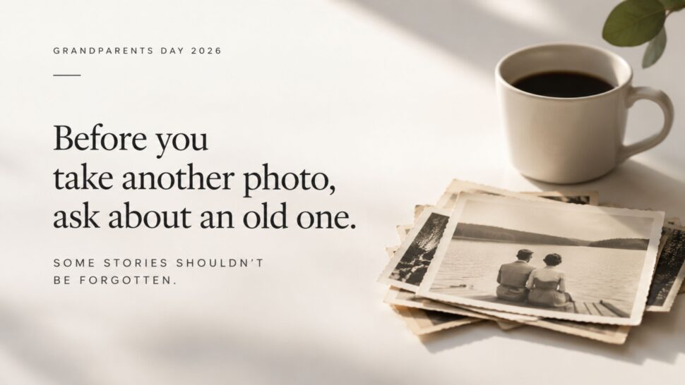 Vintage photographs beside a coffee cup for Grandparents Day, reminding us to ask about the stories behind old photos. Vintage photographs beside a coffee cup for Grandparents Day, reminding us to ask about the stories behind old photos.