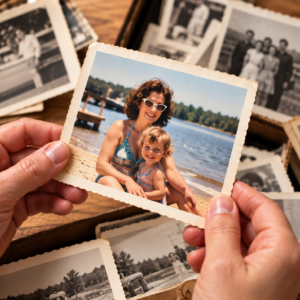 Hands holding an old family photo of a mother and child by a lake, surrounded by vintage photographs. Hands holding an old family photo of a mother and child by a lake, surrounded by vintage photographs.