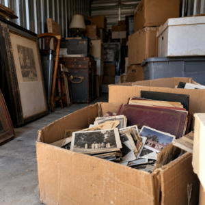 Open cardboard box filled with old family photographs and photo albums inside a dusty storage unit. Open cardboard box filled with old family photographs and photo albums inside a dusty storage unit.